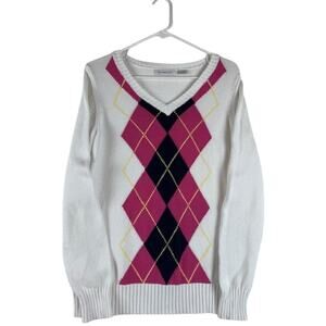 Liz Claiborne Women's V-Neck Argyle Sweater White Pink Black Medium Cotton